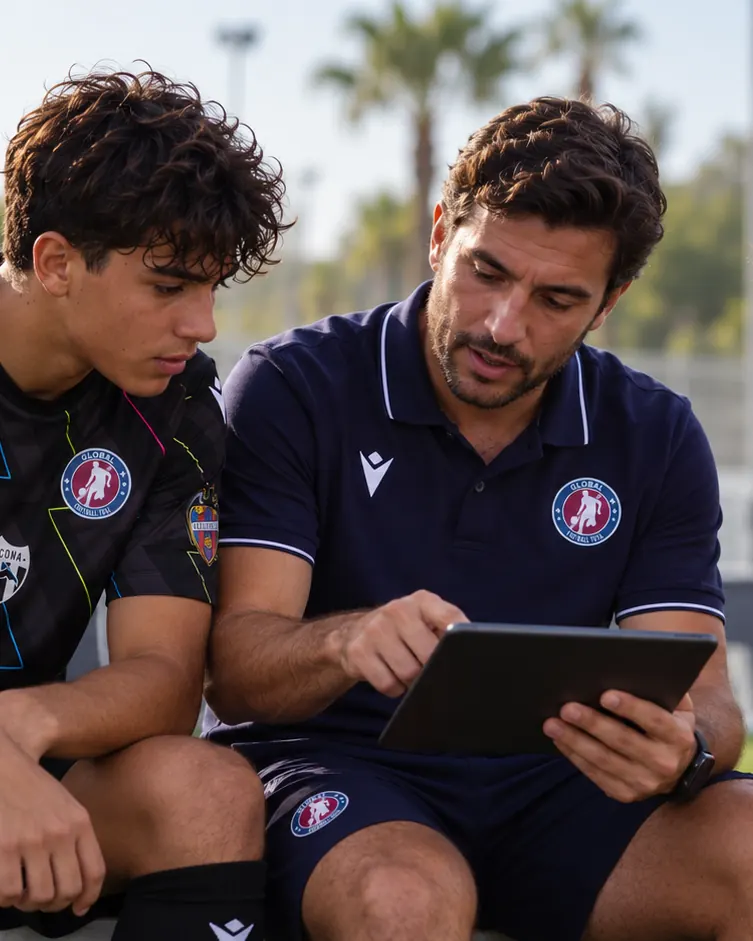 Un entrenador de Global Football Total repasa la jugada en una tableta con un jugador