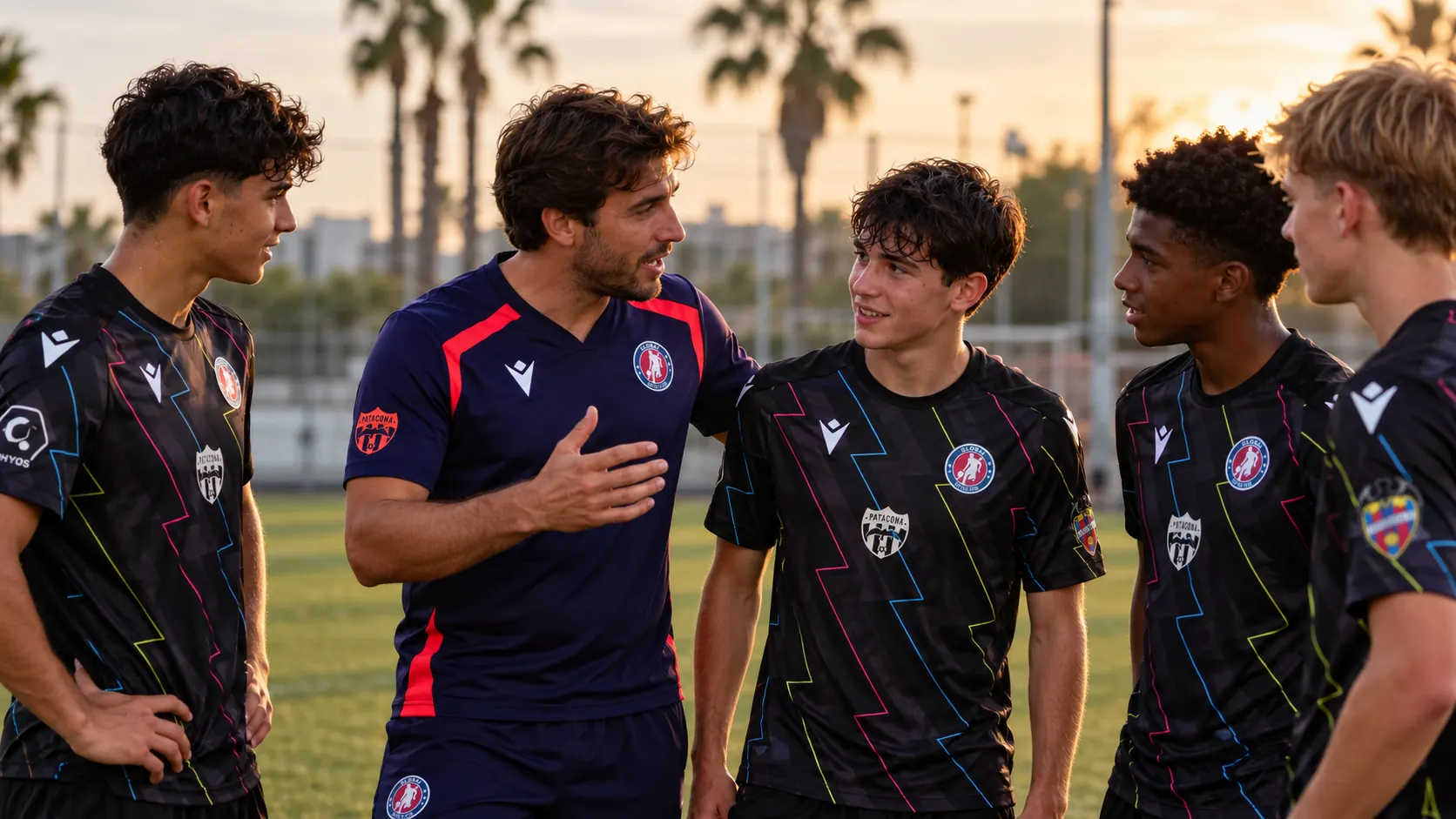 Un entrenador de Global Football Total conversa con jugadores de distintos países antes de entrenar