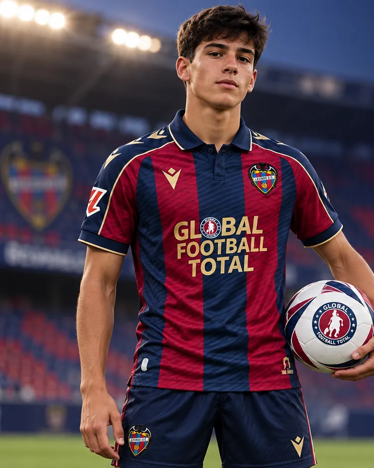 Jugador juvenil con la equipación del Levante UD, con el balón en la mano, en el estadio