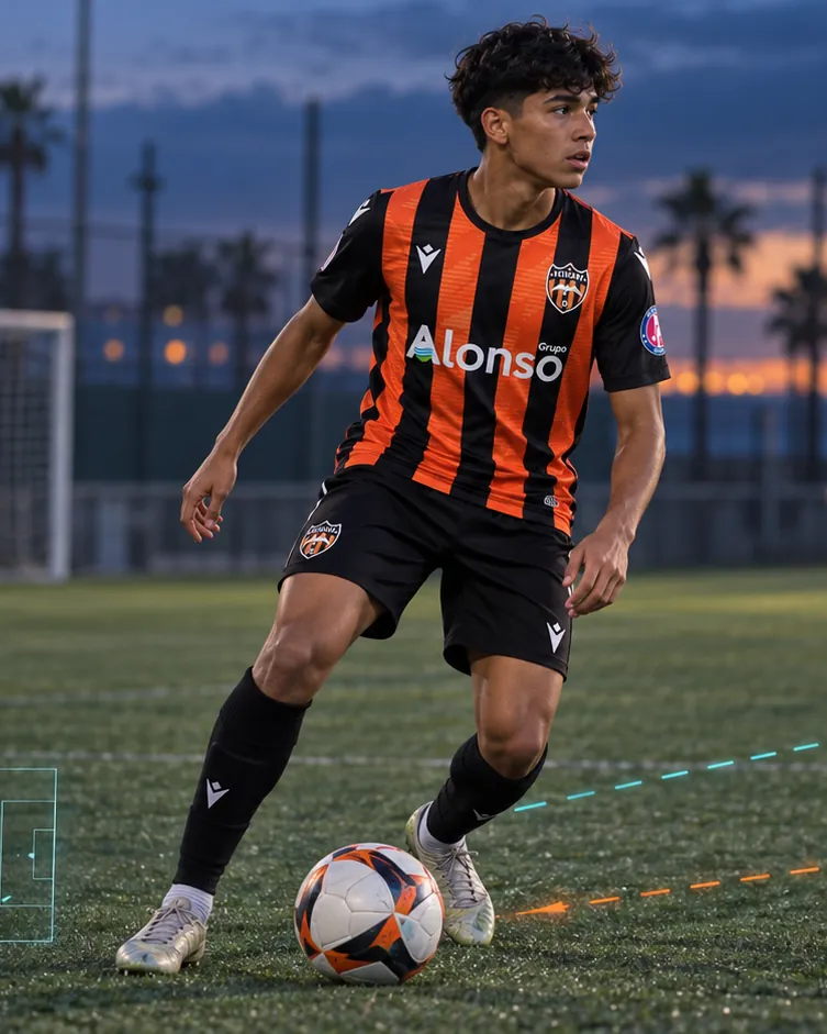 Jugador con la equipación del Patacona CF conduce el balón al atardecer