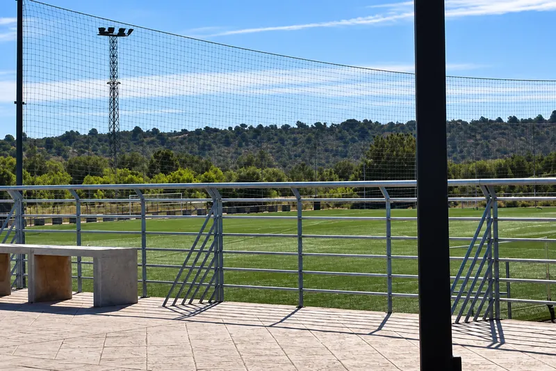 Terrace overlooking the pitches and the pine woods