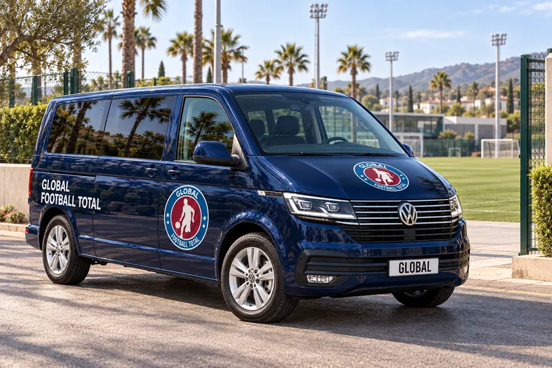 Navy van in Global Football Total livery beside the training pitches