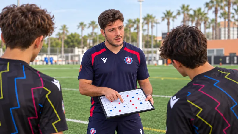 Sergio García Martínez explica un ejercicio en la pizarra táctica a sus jugadores