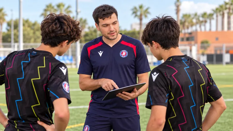 Adrián Martínez Banacloche muestra un vídeo en la tablet a dos jugadores en el campo