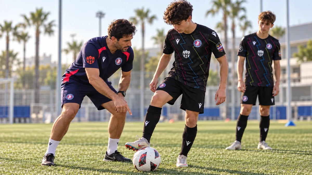 Un entrenador de Global corrige a un jugador con la equipación del club durante un ejercicio con balón
