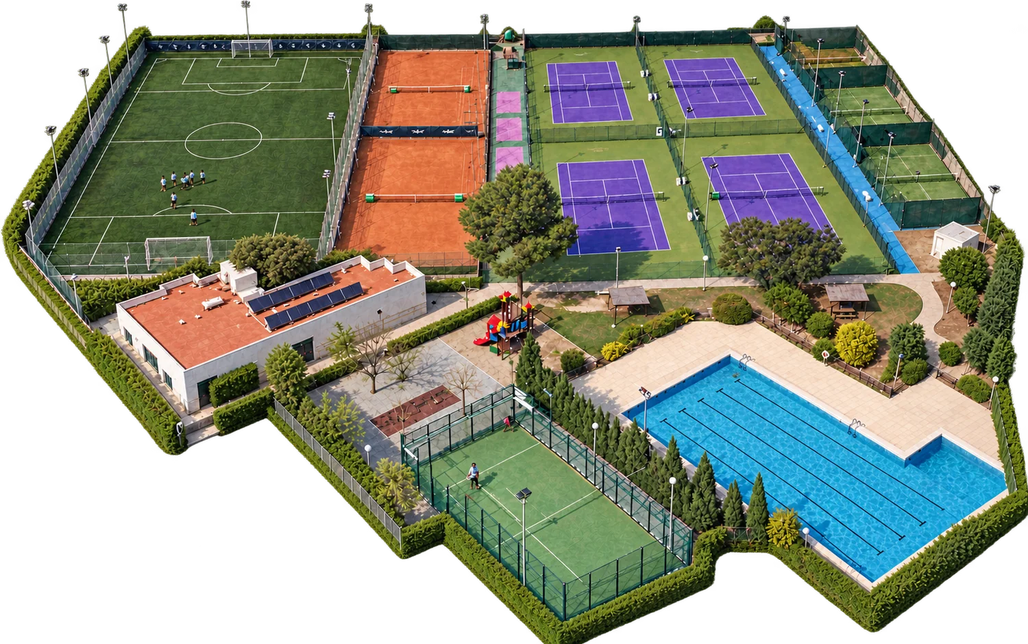 Vista aérea del Iale Sport Center en L'Eliana: campo de fútbol, pistas de tenis y pádel, piscina y edificio principal