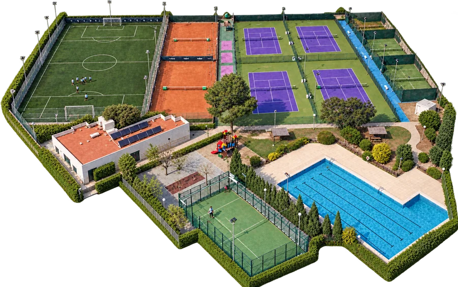 Aerial view of Iale Sport Center with its football pitch, courts and main building