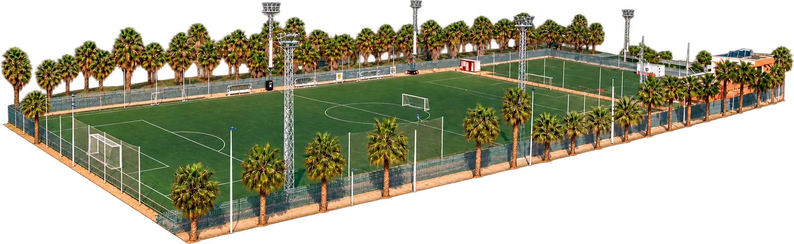 Vista aérea del campo de la Escuela Patacona CF en Alboraya, rodeado de palmeras