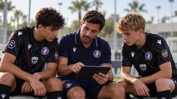 Un entrenador repasa una jugada en la tablet con dos jugadores