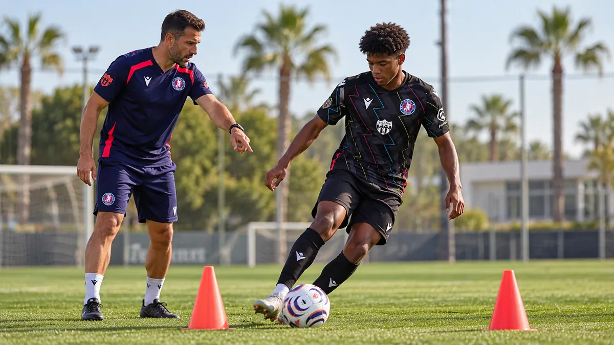 Un entrenador de Global Football Total sigue a un jugador en un ejercicio individual entre conos