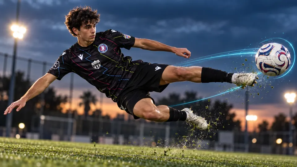 Jugador con la equipación de Global Football Total remata de volea al atardecer