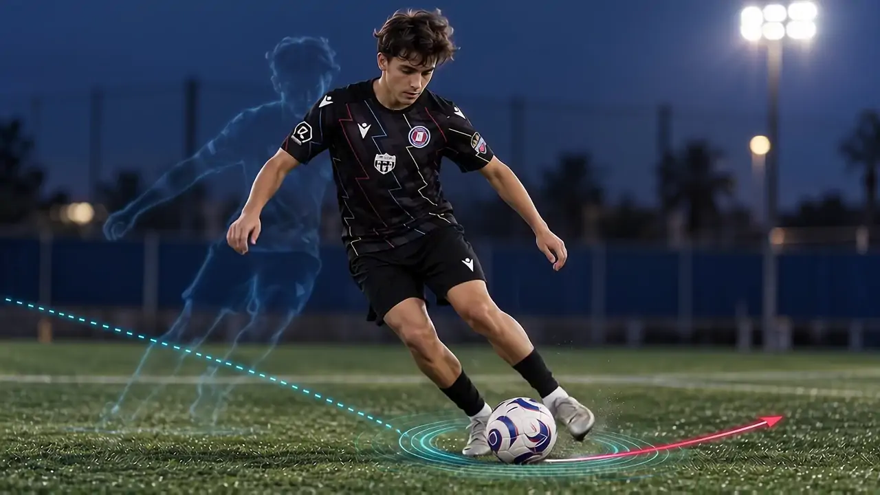 Jugador con la equipación de Global Football Total controla el balón y dispara a portería en un campo iluminado