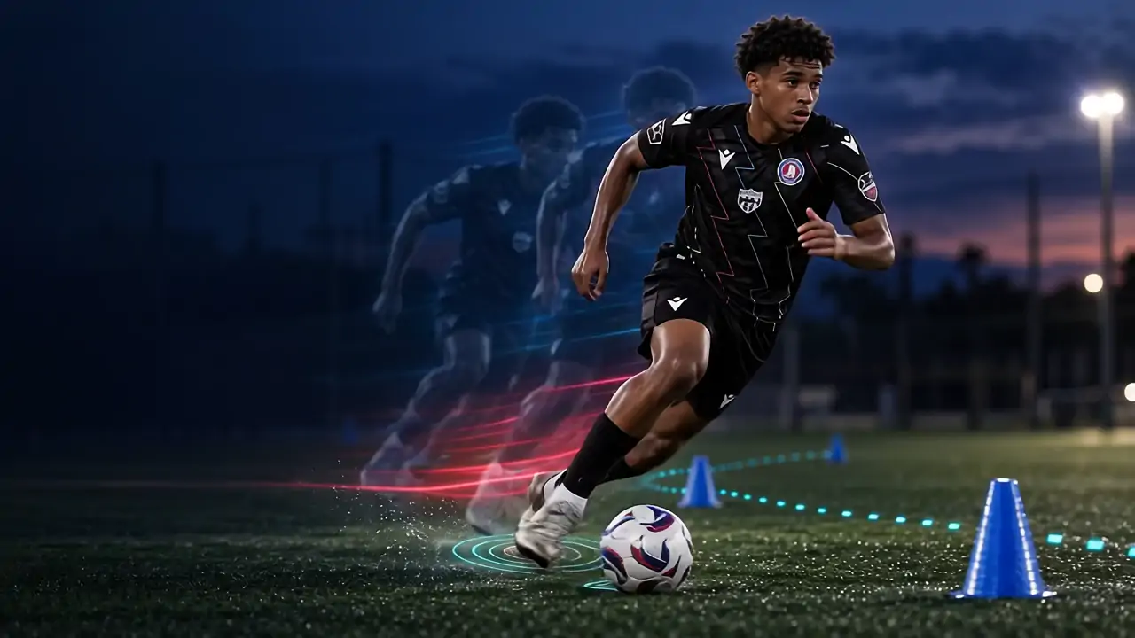 Jugador con la equipación de Global Football Total conduce el balón entre conos en un ejercicio de agilidad